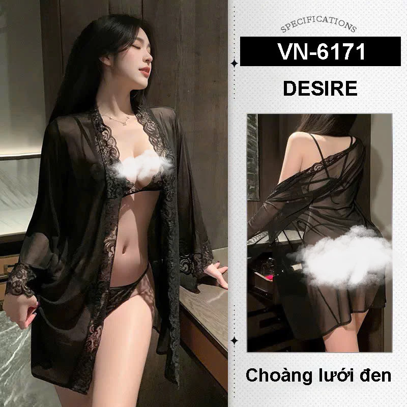 Desire Store, Áo choàng ngủ ren lưới xuyên thấu phong cách sang chảnh DESIRE VN-6171 - Choàng Lưới Đen image 10 of 15