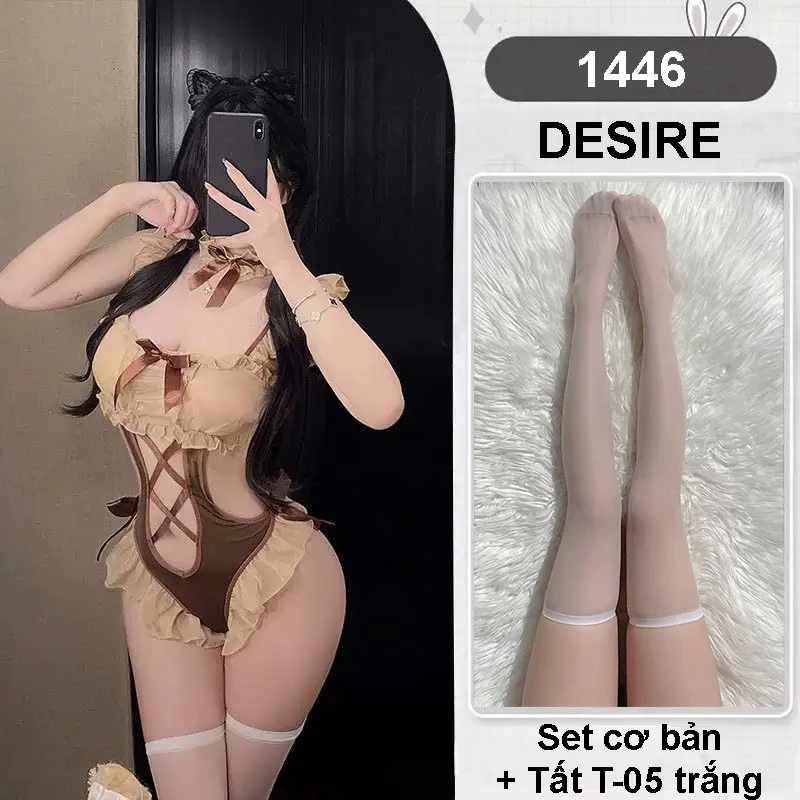 Desire Store, 1446 Bộ đồ ngủ Cosplay Cô Hầu Gái quyến rũ màu nâu hở đáy sexy DESIRE - Set + Tất T-05 Trắng image 12 of 12