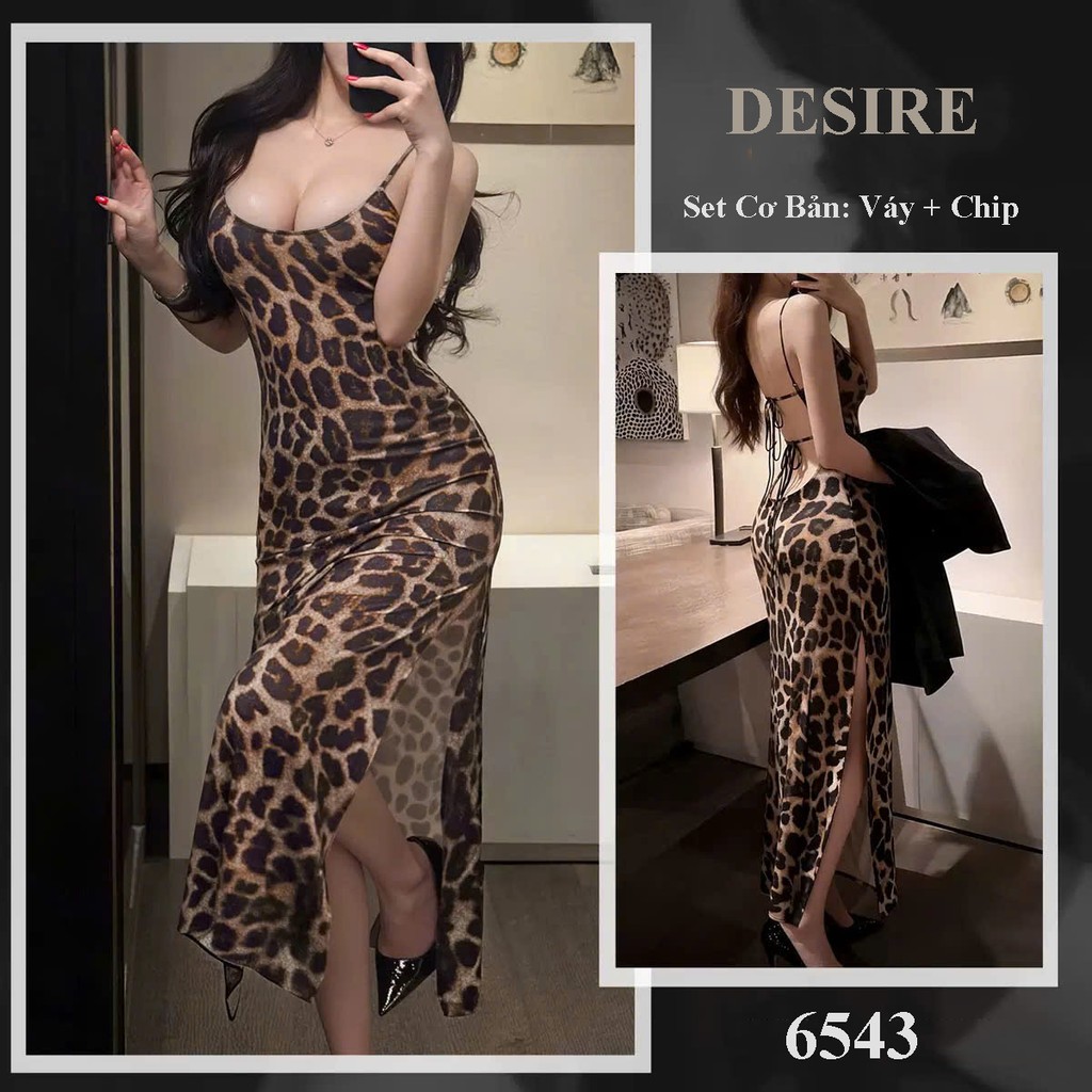 Desire Store, 6543 Đầm Ngủ Da Báo Body Hai Dây Xẻ Tà - Váy Ngủ Sexy Hở Lưng Đan Dây Lả Lơi Desire  - Set Cơ Bản: Váy + Chip image 8 of 9