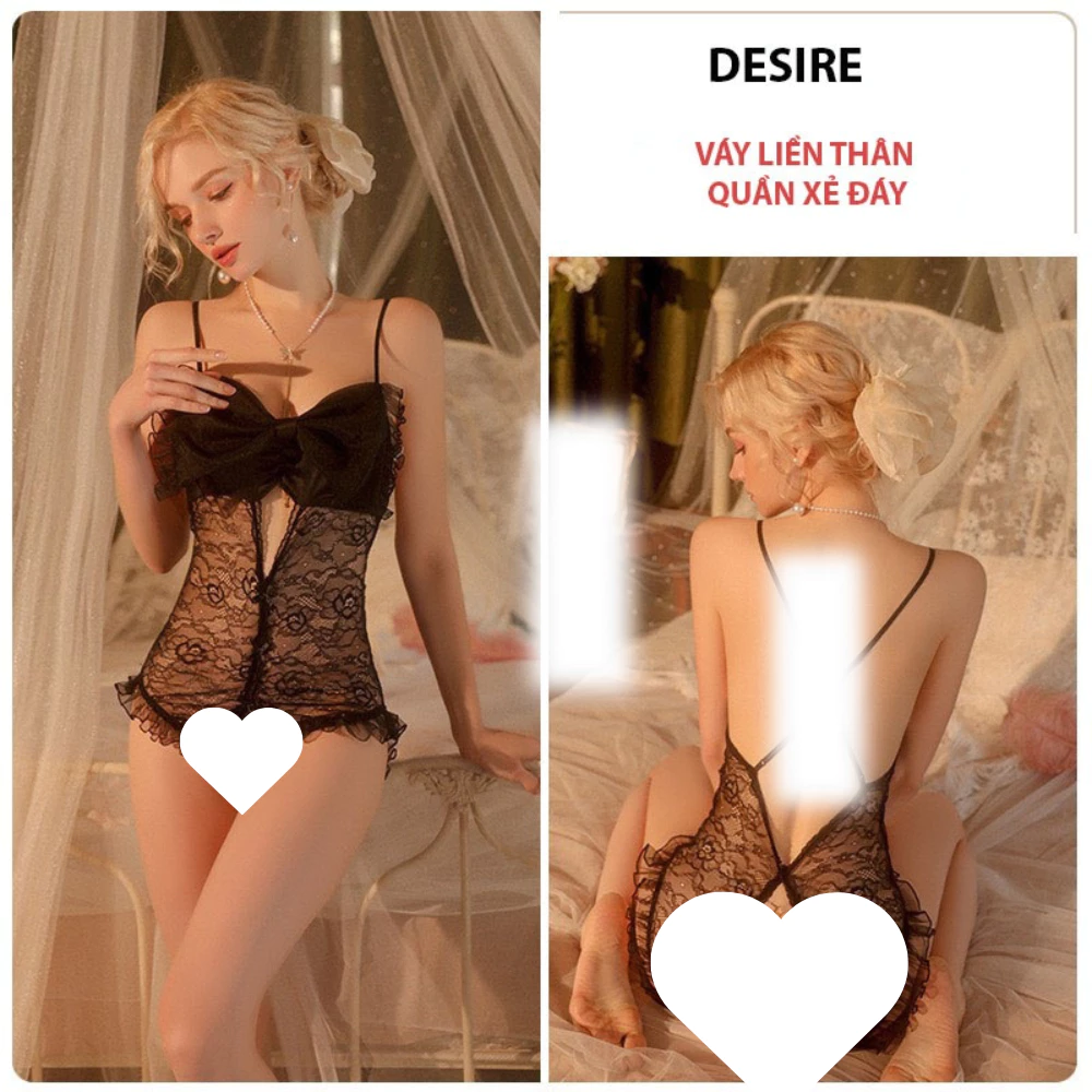 Desire Store, Váy ngủ ren bodysuit liền thân nơ quần xẻ đáy hở lưng gợi cảm ren cao cấp Desire VN-2723 - Đen, XL (60-70kg) image 12 of 12