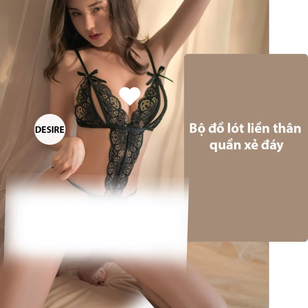 Desire Store, Set đồ lót liền thân ren xẻ đáy và Áo choàng lụa set lót ren gợi cảm sexy VN-8458 - Nội y ren Đen, M (40-54kg) image 14 of 22