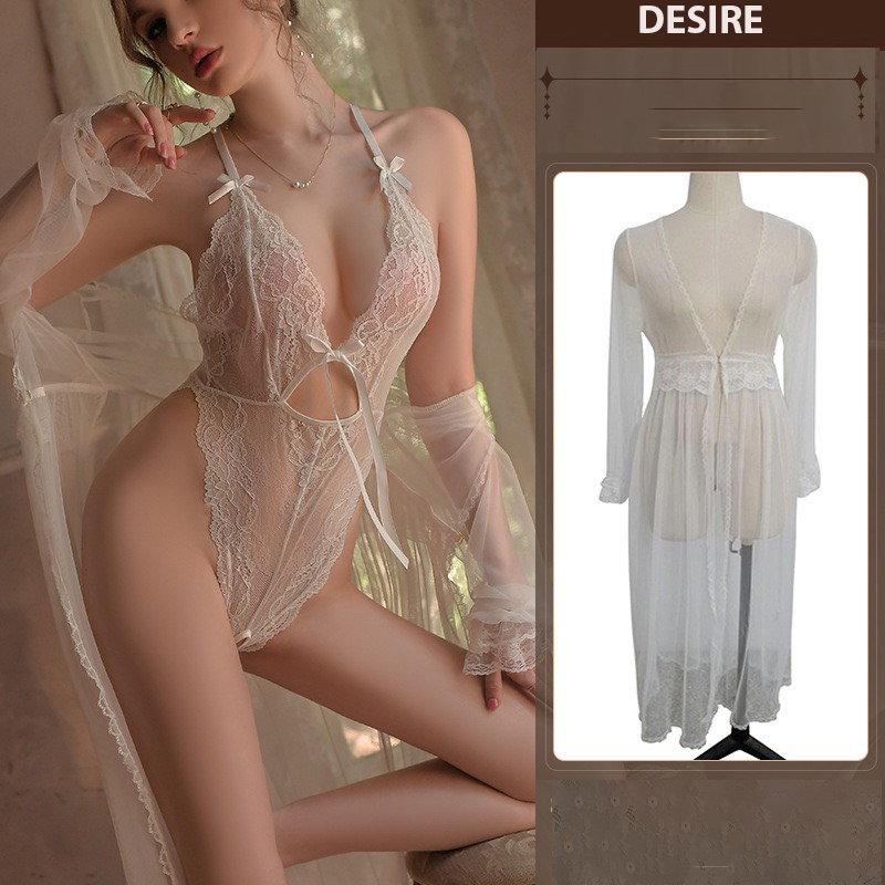 Desire Store, Set Bodysuit và Áo choàng ren xẻ đáy chéo lưng gợi cảm DESIRE VN-8683 - Choàng trắng lẻ, M image 19 of 20