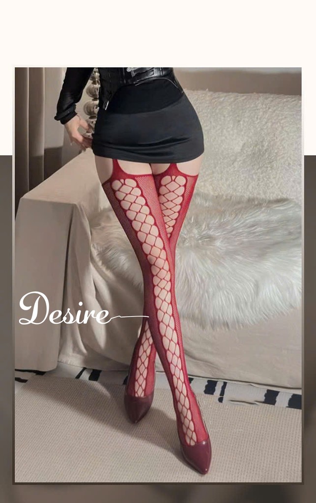 Desire Store, Tất Lưới Đỏ Liền Đai Kẹp Họa Tiết Mắt Xích Viền Thân Cao Cấp DESIRE-7324 (Premium Red Fishnet Stockings with Attached Garter Straps and Chain-Link Pattern DESIRE-7324) image 3 of 4