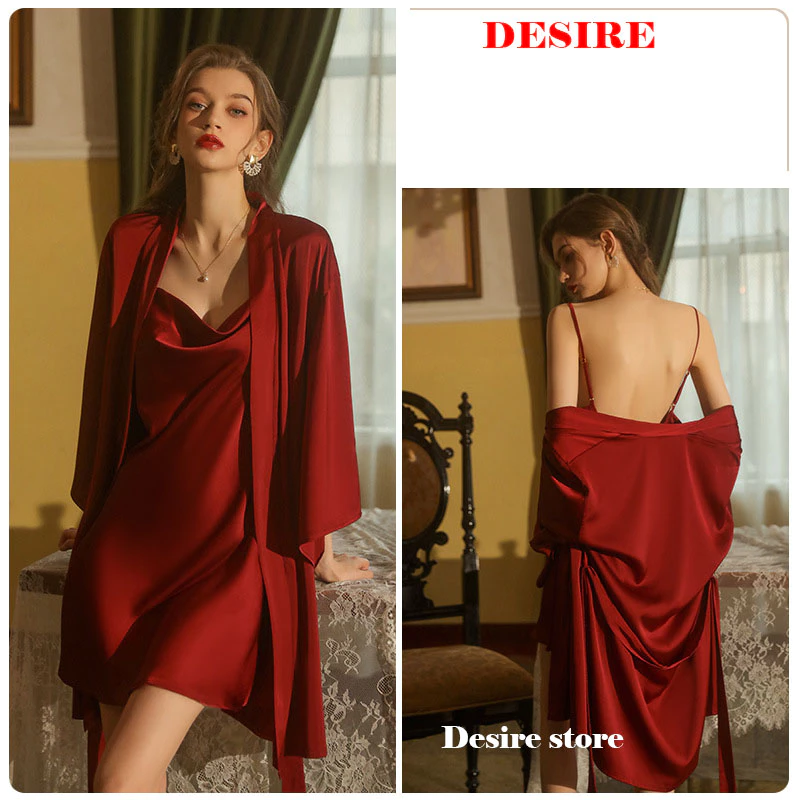 Desire Store, Set Váy ngủ và áo choàng lụa cao cấp cổ đồ gợi cảm kèm áo choàng Desire VN-1910 - Váy đỏ + choàng, L image 11 of 12