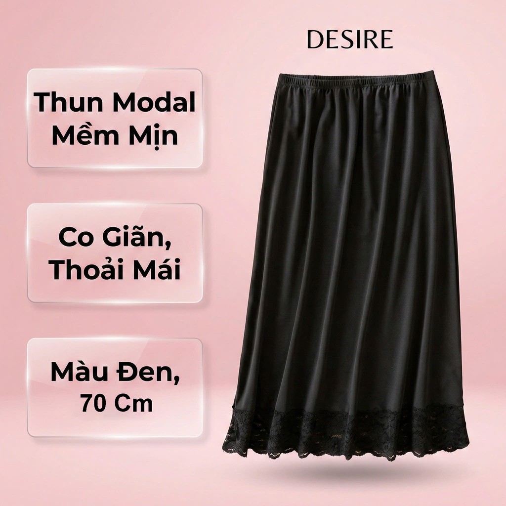 Desire Store, Chân Váy lót thun modal  (gỗ sồi) dáng xòe rộng thoải mái - Chân váy mặc lót thun mịn mát Desire VN-064 - Đen 70cm viền ren, XL 61-75kg image 22 of 40