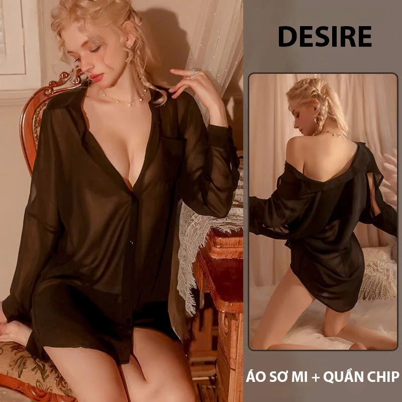 Desire Store, Áo sơ mi ngủ voan tay dài xẻ vai gợi cảm sexy Desire VN-8606 image 5 of 8