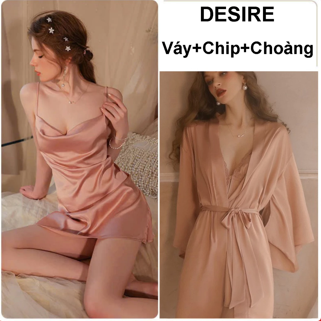 Desire Store, Set Váy ngủ và áo choàng lụa cao cấp cổ đồ gợi cảm kèm áo choàng Desire VN-1910 - Váy hồng+Choàng, L image 17 of 19