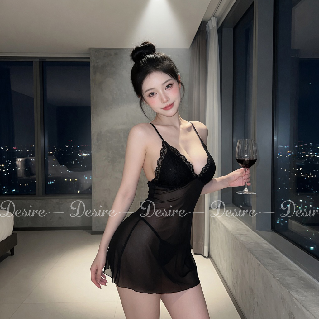 Desire Store, Váy ngủ hai dây ren xuyên thấu xẻ sau sexy kèm quần chip VN-807-1 image 7 of 11