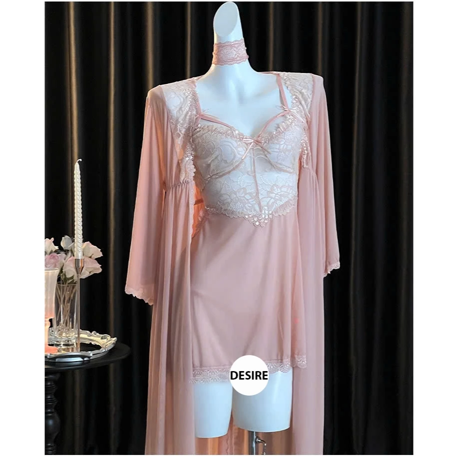 Desire Store, Váy ngủ ren xuyên thấu cut out lưng sexy kèm quần chip ren VN-8449 - Set choàng+ váy hồng, L (54-65kg) image 12 of 17