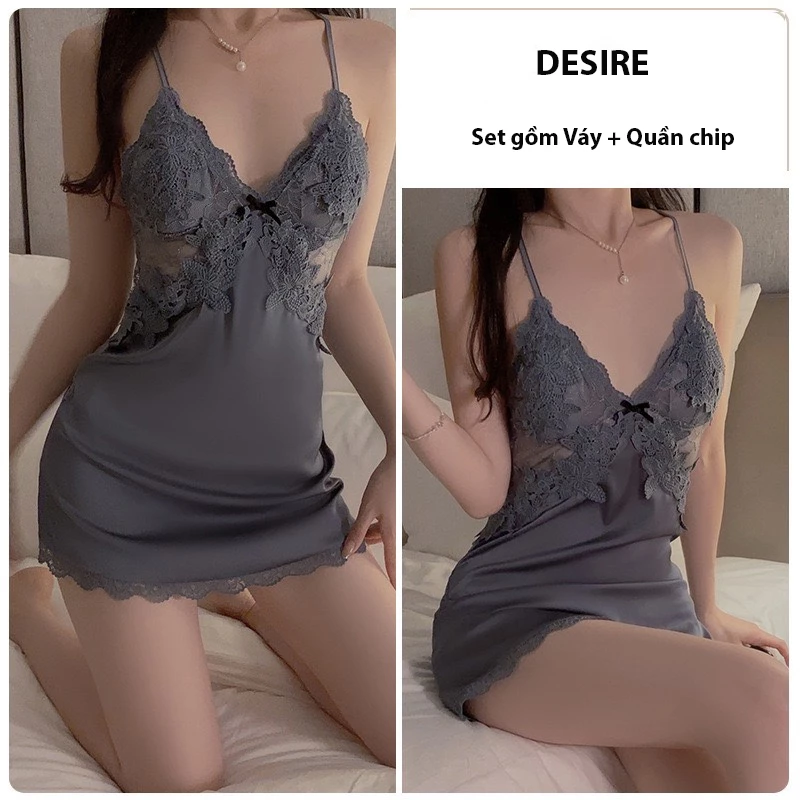 Desire Store, Váy ngủ lụa Đầm ngủ hai dây áo choàng lụa phối ren gợi cảm sexy chính hãng Guiruo QC cao cấp DESIRE VN-1170-1 - Váy xanh ghi, XL image 17 of 21