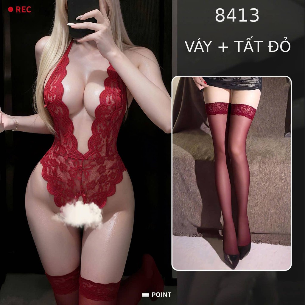 Desire Store, Bodysuit ren Jumpsuit ren váy ren xuyên thấu gợi cảm sexy DESIRE VN-8413 - Đỏ + Tất T-003, M image 19 of 34