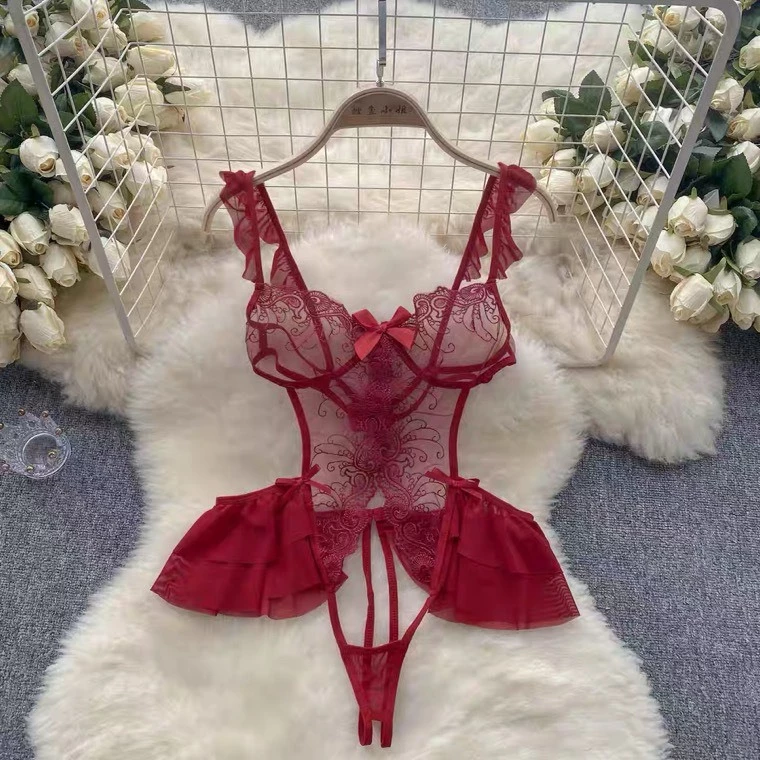 Desire Store, Bộ váy ngủ liền thân Bodysuit chất ren tay áo cánh tiên quần hở đáy sexy gợi cảm VN-8640 - Đỏ image 10 of 10