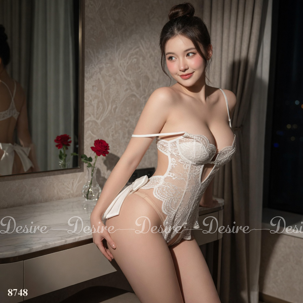 Desire Store, Váy ngủ ren liền thân xẻ đáy cài ngực trước xẻ mông nơ lụa sau gợi cảm sexy DESIRE VN-8748 image 16 of 48