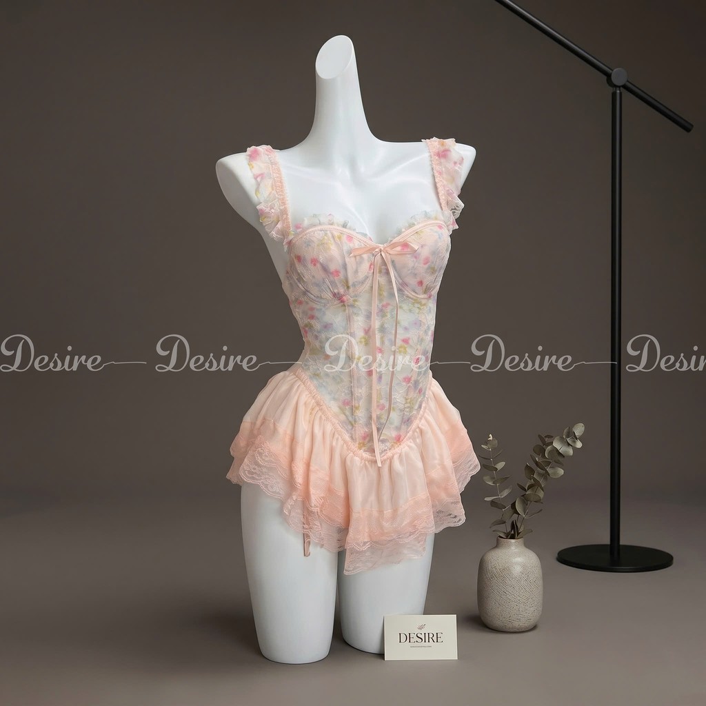 Desire Store, Váy ngủ tiểu thư - Đầm ngủ hoa nhí hai dây corset cúp ngưc kèm chip và đai sexy, gợi cảm DESIRE 1208 image 9 of 14