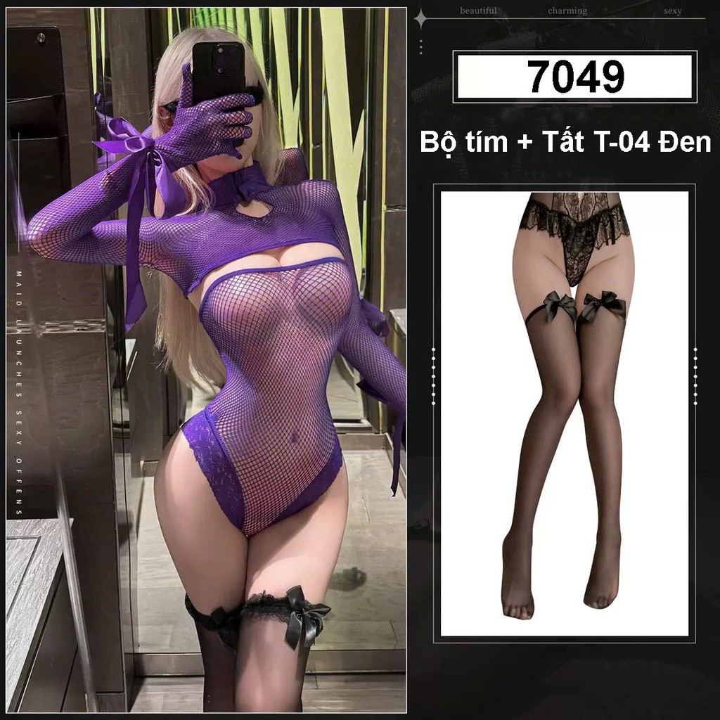 Desire Store, 7049 Bộ đồ lót liền thân Bodysuit lưới xuyên thấu sexy gợi cảm DESIRE  - Bộ Tím +Tất T-04 Đen image 17 of 20
