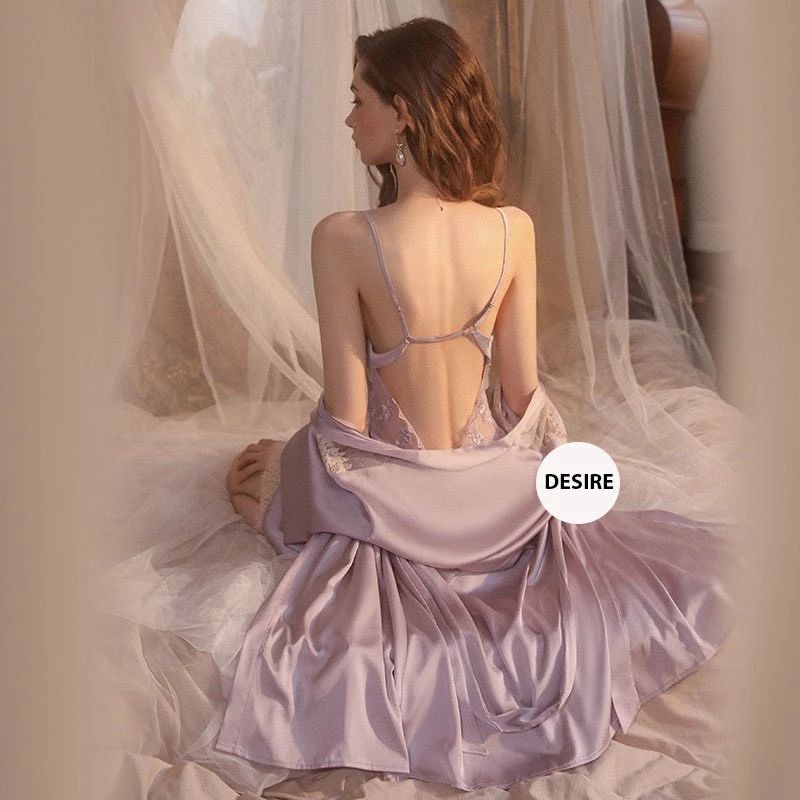 Desire Store, Set Váy ngủ lụa hai dây và Áo choàng cao cấp Đầm ngủ hai dây lụa phối ren gợi cảm sexy VN-2063 image 5 of 12