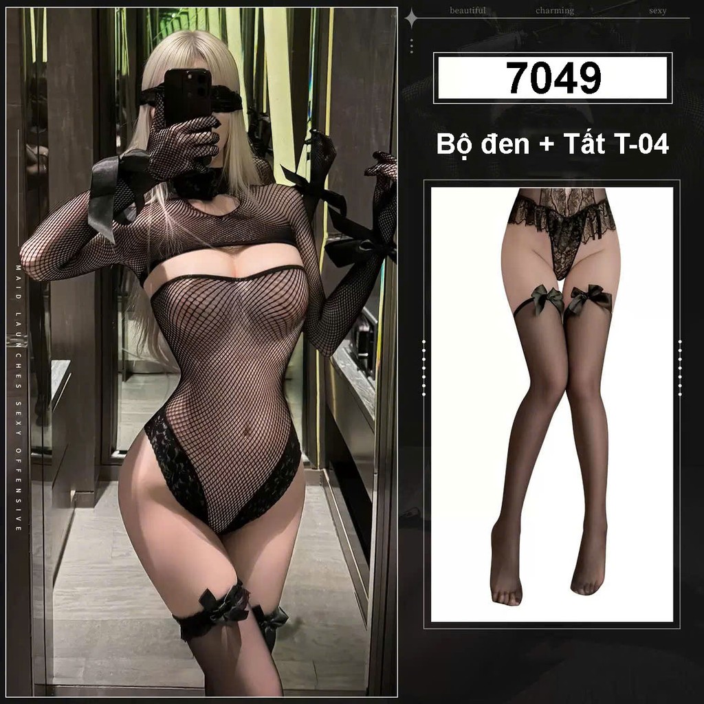 Desire Store, 7049 Bộ đồ lót liền thân Bodysuit lưới xuyên thấu sexy gợi cảm DESIRE  - Bộ Đen + Tất T-04 Đen image 15 of 20