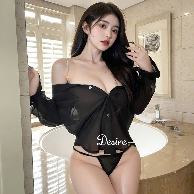 Desire Store, Áo Sơ Mi Ngủ Nữ Xuyên Thấu Mỏng Quyến Rũ - Đồ Ngủ Sơ Mi Voan Sexy Cao Cấp (Kèm Quần Chip) DESIRE VN-8476 - Đen, L image 10 of 11