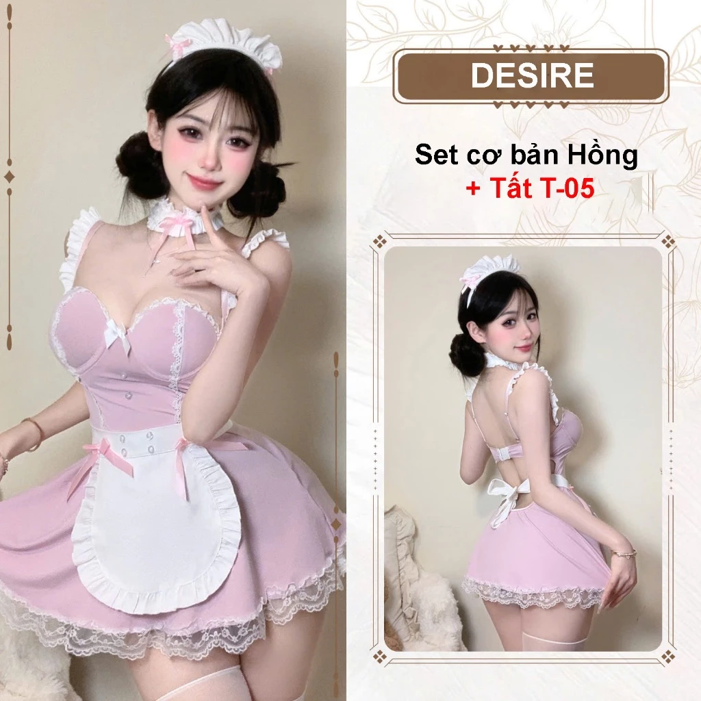Desire Store, Váy ngủ Cosplay Cô Hầu Gái chất thun mềm có gọng sexy gợi cảm DESIRE VN-1315 - Set Hồng +T-05 Trắng image 8 of 9