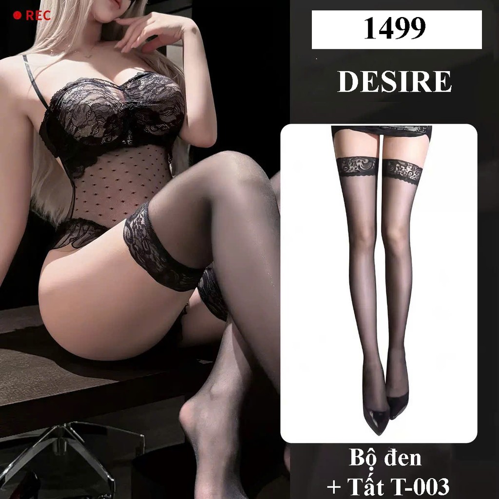 Desire Store, Bodysuit Lưới Chấm Bi Phối Ren Đen Viền Bèo Quyến Rũ DESIRE - 1499 (Alluring Black Polka-Dot Mesh Bodysuit with Lace and Ruffle Trim DESIRE -1499) - Set cơ bản + Tất T-03 image 9 of 12