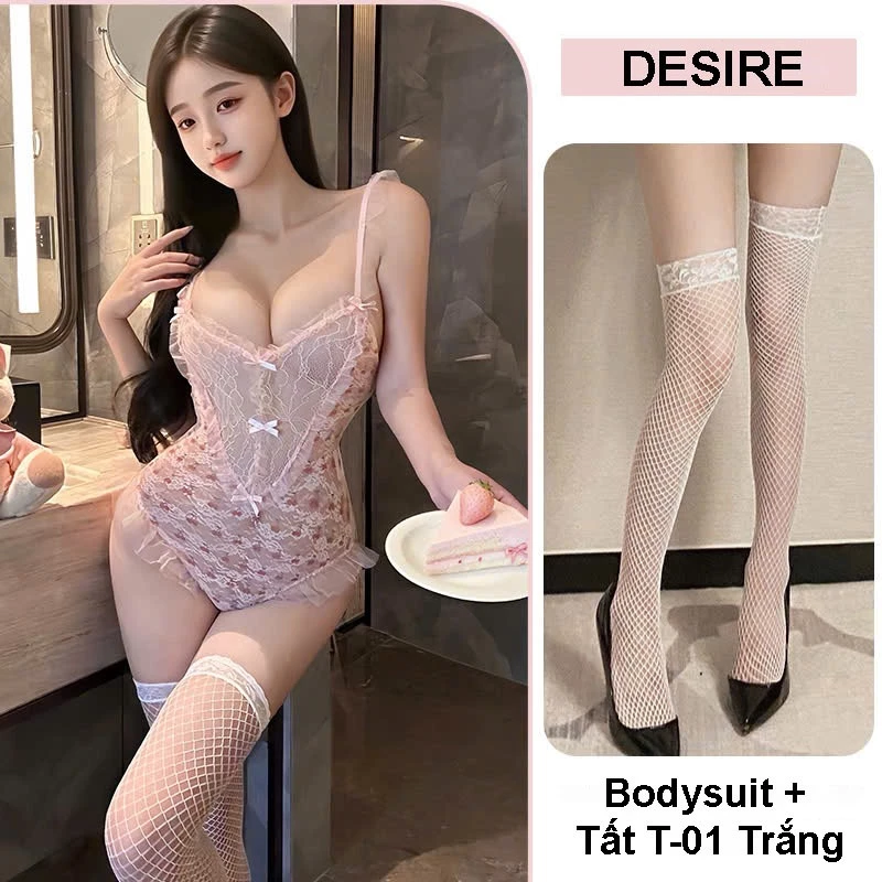 Desire Store, Bodysuit Ren Hoa Nhí Phối Nơ Phong Cách Tiểu Thư Ngọt Ngào - Váy Ngủ Sexy DESIRE VN-1336 - Hồng + Tất T-01Trắng image 7 of 7