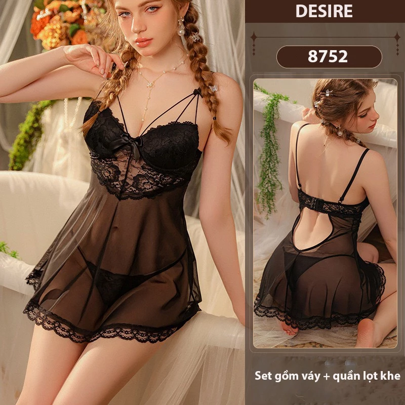 Desire Store, Váy ngủ ren có mút đệm nâng ngực kèm quần chip gợi cảm VN-8752 - Đen image 7 of 9
