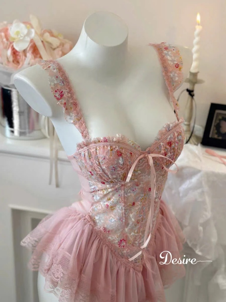 Desire Store, Váy ngủ tiểu thư - Đầm ngủ hoa nhí hai dây corset cúp ngưc kèm chip và đai sexy, gợi cảm DESIRE 1208 image 8 of 14