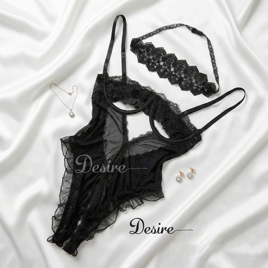 Desire Store, Bodysuit Ren Sexy Có Gọng Phối Lưới Xuyên Thấu - Váy ngủ liền thân quyến rũ DESIRE VN-8914-1 - Váy đen + Bịt mắt W23, L (53-62kg) image 15 of 18
