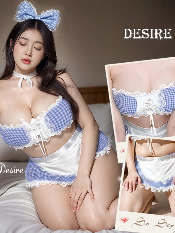 Desire Store, Bộ đồ ngủ hoá trang Cosplay hầu gái ba mảnh caro xanh cup ngực áo quây  BIGSIZE DESIRE VN-2399 image 2 of 8