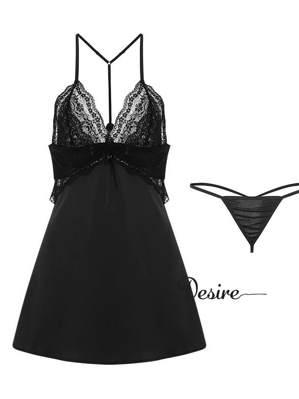 Desire Store, Váy ngủ lụa Đầm ngủ hai dây lụa phối ren dây lưng chữ Y gợi cảm sexy VN-700 image 7 of 9