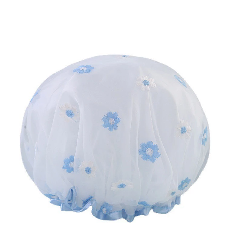 Desire Store, Mũ tắm, mũ ủ tóc 2 lớp lưới thêu hoa chống thấm nước tốt TT-001 - Trắng hoa xanh image 10 of 12