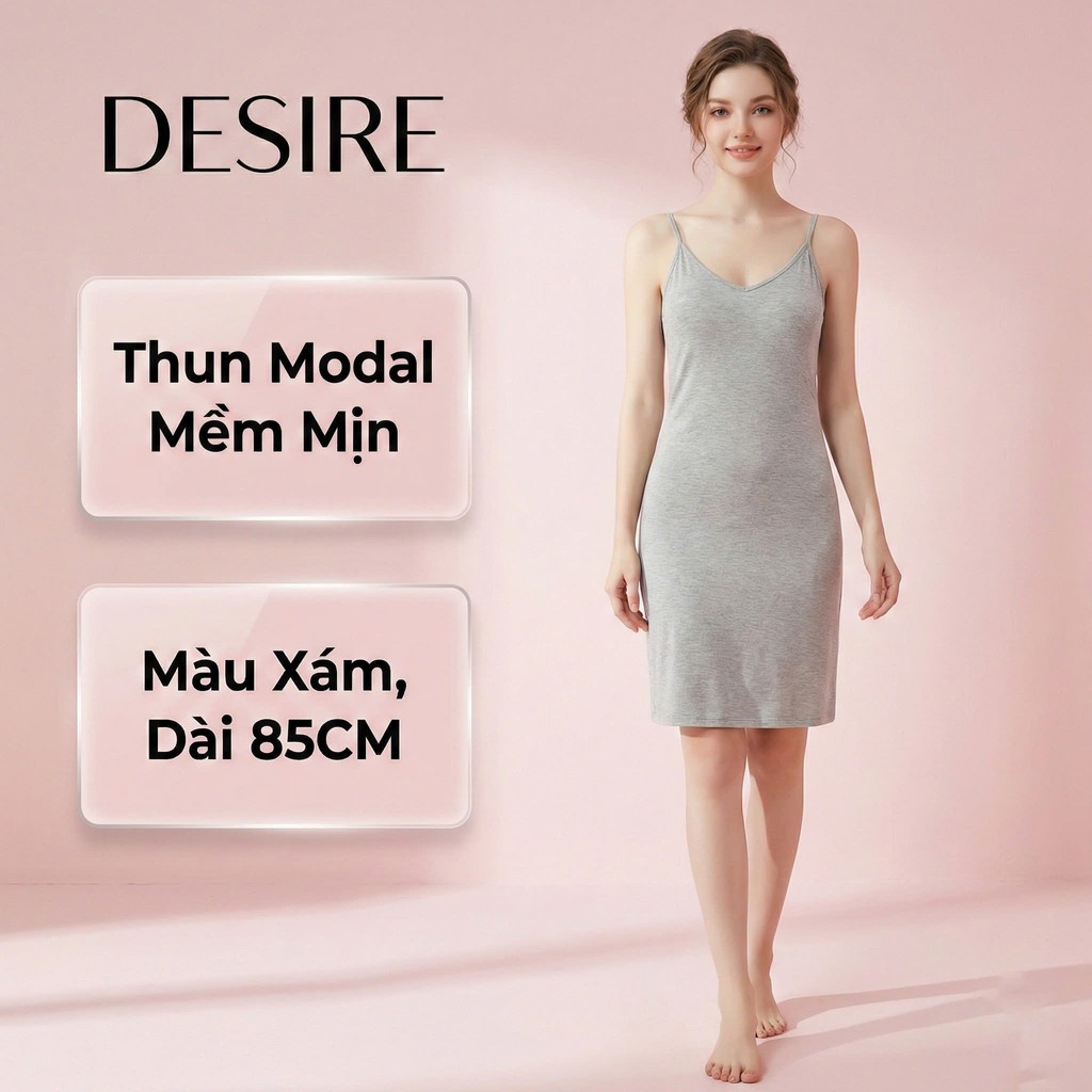 Desire Store, Váy hai dây mặc lót cổ V thun Modal (gỗ sồi) mềm mịn  đầm hai dây mặc lót dáng ôm BTM-1009 - Xám ngắn 80cm, M (40~49kg) image 15 of 34