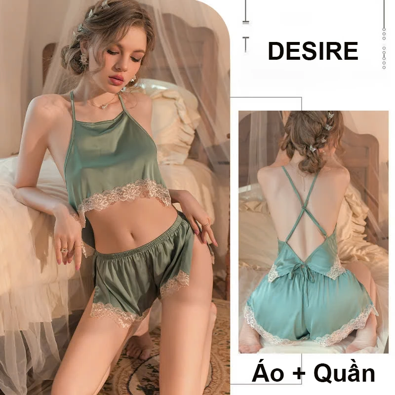 Desire Store, Bộ đồ ngủ lụa phối ren cao cấp dáng yếm cột hai dây gợi cảm mát mịn mùa hè DESIRE VN-2018 - Xanh image 10 of 12