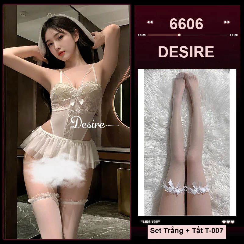 Desire Store, Váy Ngủ Cosplay Cô Dâu Sexy - Bodysuit Ren Khoét Eo Kèm Khăn Voan Vương Miện Cao Cấp DESIRE VN-6606-1 - Set trắng có tất image 11 of 11