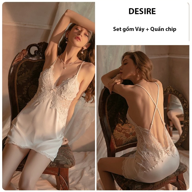 Desire Store, Set Váy ngủ lụa hai dây áo choàng phối ren gợi cảm sexy chính hãng Guiruo QC cao cấp DESIRE VN-1170 - Váy Trắng + Chip, XL 54-63kg image 12 of 20