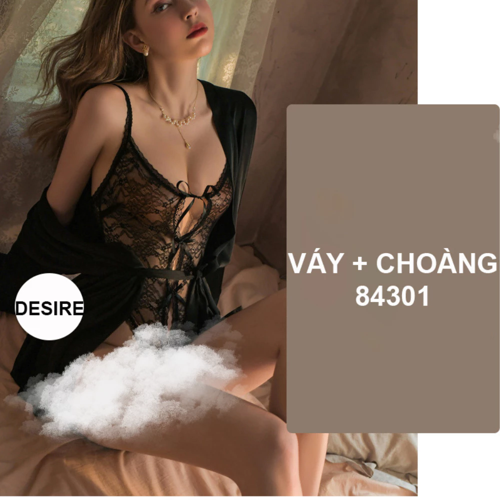 Desire Store, Bộ đồ ngủ liền thân bodysuit ren xẻ đáy gợi cảm DESIRE VN-8430-3 - Đen + Choàng, L image 12 of 14