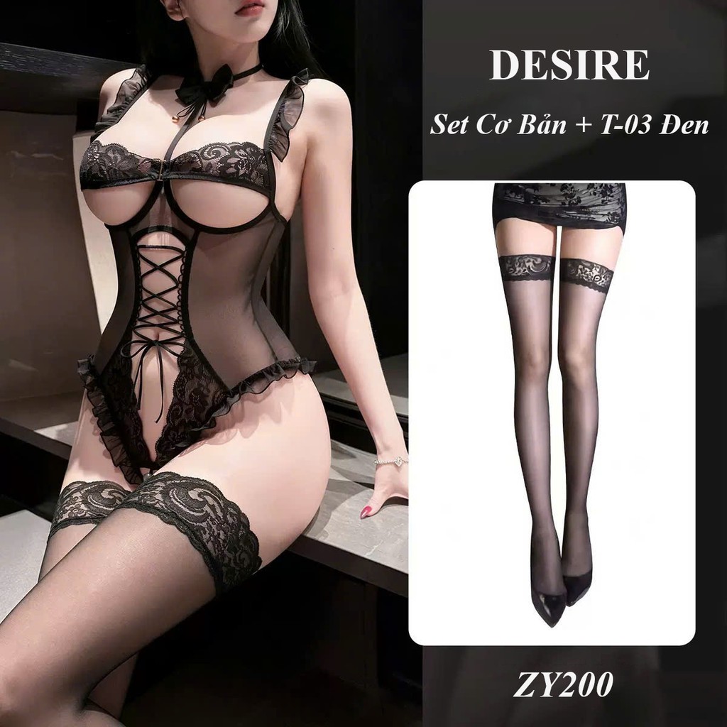 Desire Store, ZY200 Bodysuit Ren Voan Xuyên Thấu Cột Dây Cổ Hở Lưng Gợi Cảm - Đồ Ngủ Lingerie Sexy Nữ DESIRE - Set Đen +T-003 Đen image 13 of 16