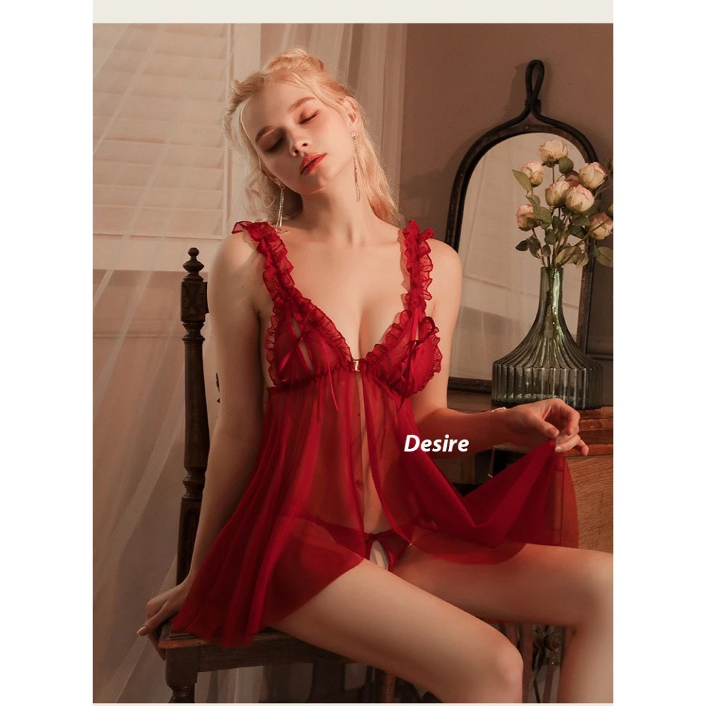 Desire Store, Váy ngủ ren sexy cài trước xẻ trước kèm chip chất ren mềm mịn VN-8471 - Đỏ, L image 11 of 12