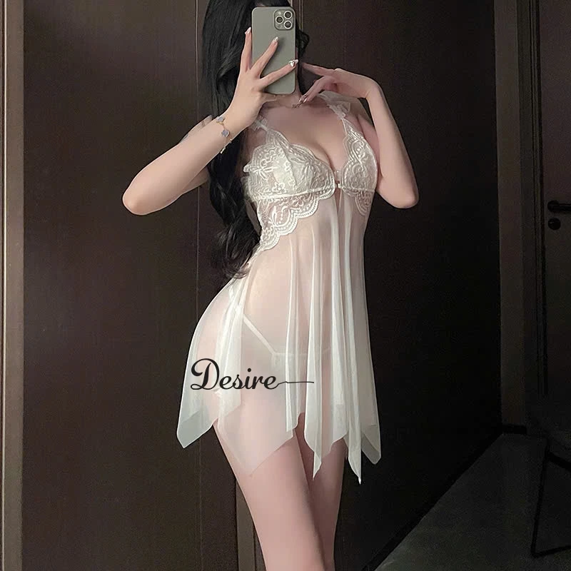 Desire Store, Váy Ngủ Ren Cài Trước Xuyên Thấu Sexy Kèm Quần Chip DESIRE VN-1052 - Trắng image 13 of 14