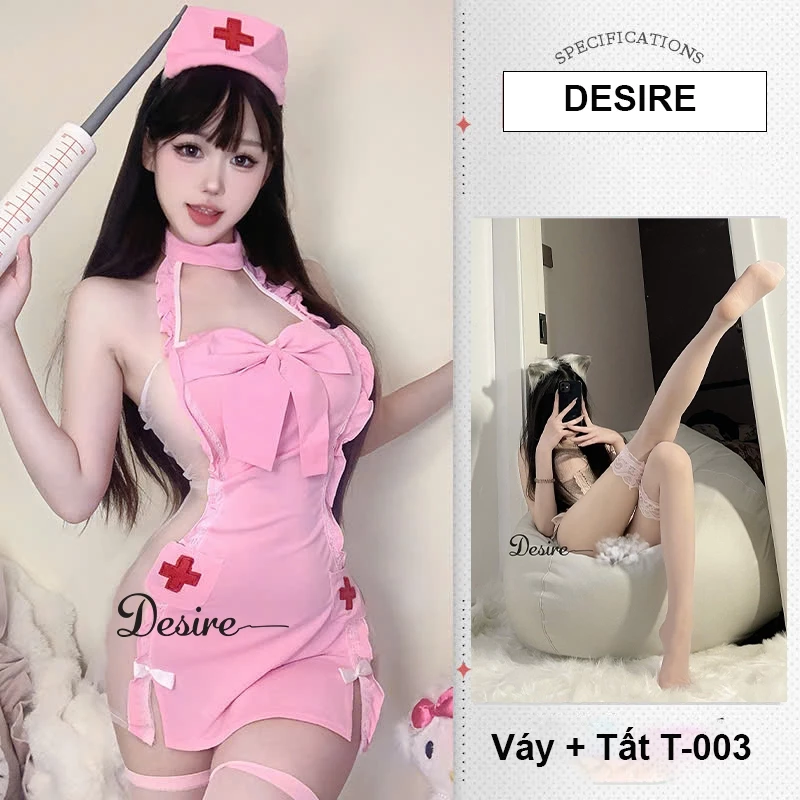 Desire Store, Bộ đồ ngủ Cosplay y tá chất mềm mịn sexy gợi cảm DESIRE VN-2501-1 - Hồng + Tất-03 hồng, XXL (60-75) image 12 of 13