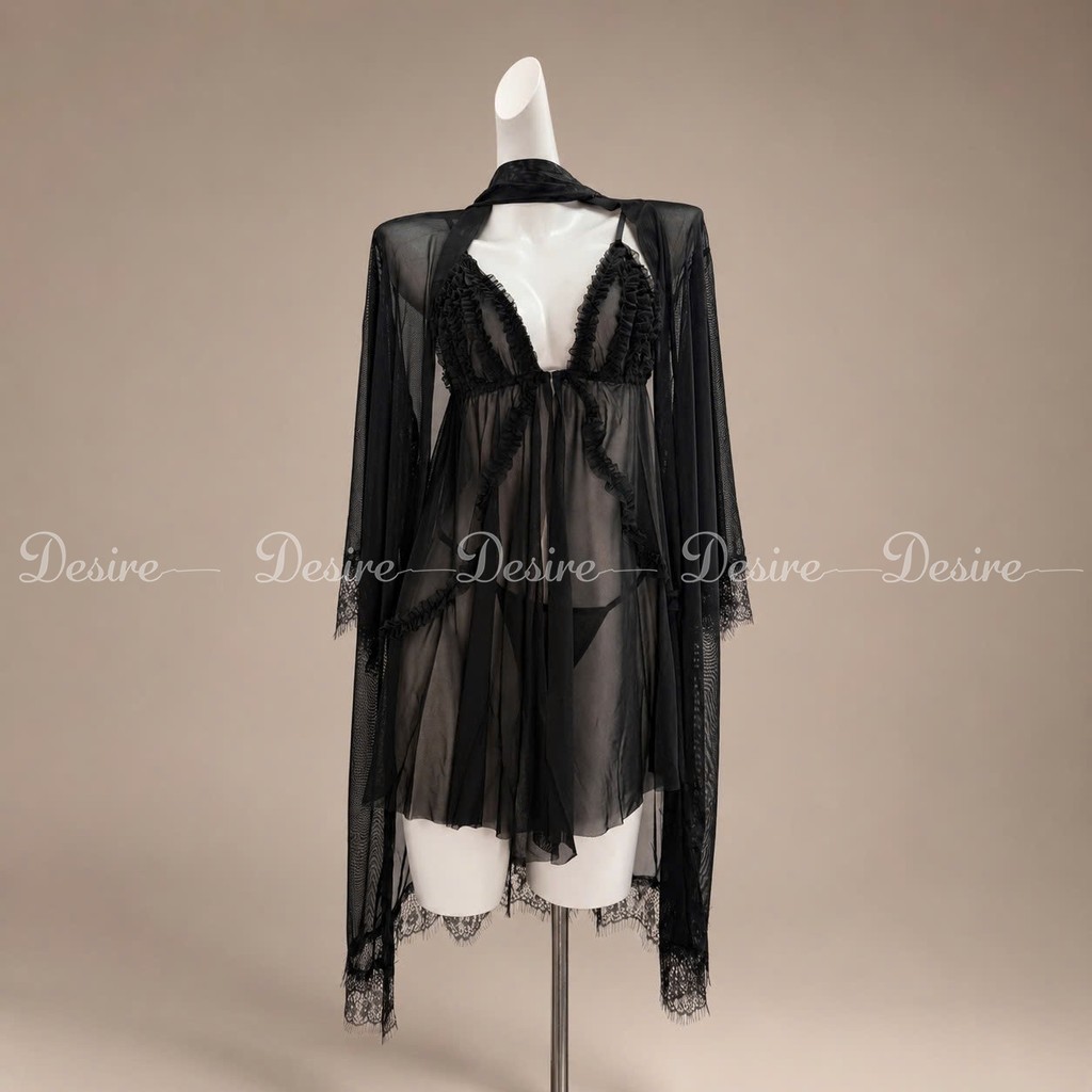 Desire Store, [60-80kg] Bigsize Set Váy Ngủ Voan Mỏng Phối Ren Nhún Bèo Sang Chảnh - Váy Ngủ Gợi Cảm Cao Cấp DESIRE B185 - Set Đen, L (60-80Kg) image 17 of 18