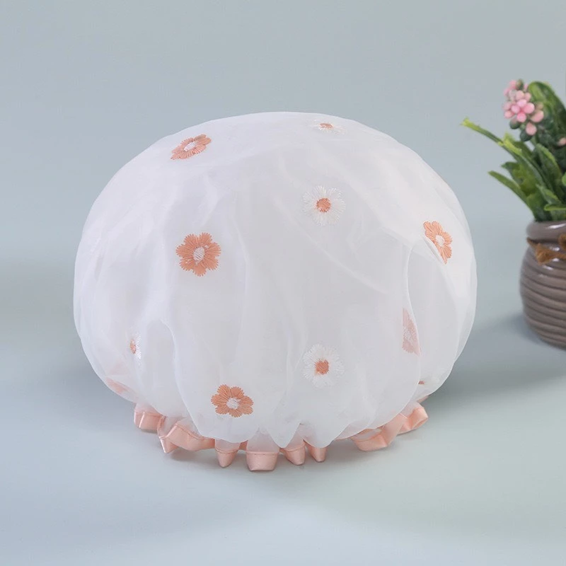 Desire Store, Mũ tắm, mũ ủ tóc 2 lớp lưới thêu hoa chống thấm nước tốt TT-001 - Trắng hoa cam image 11 of 12