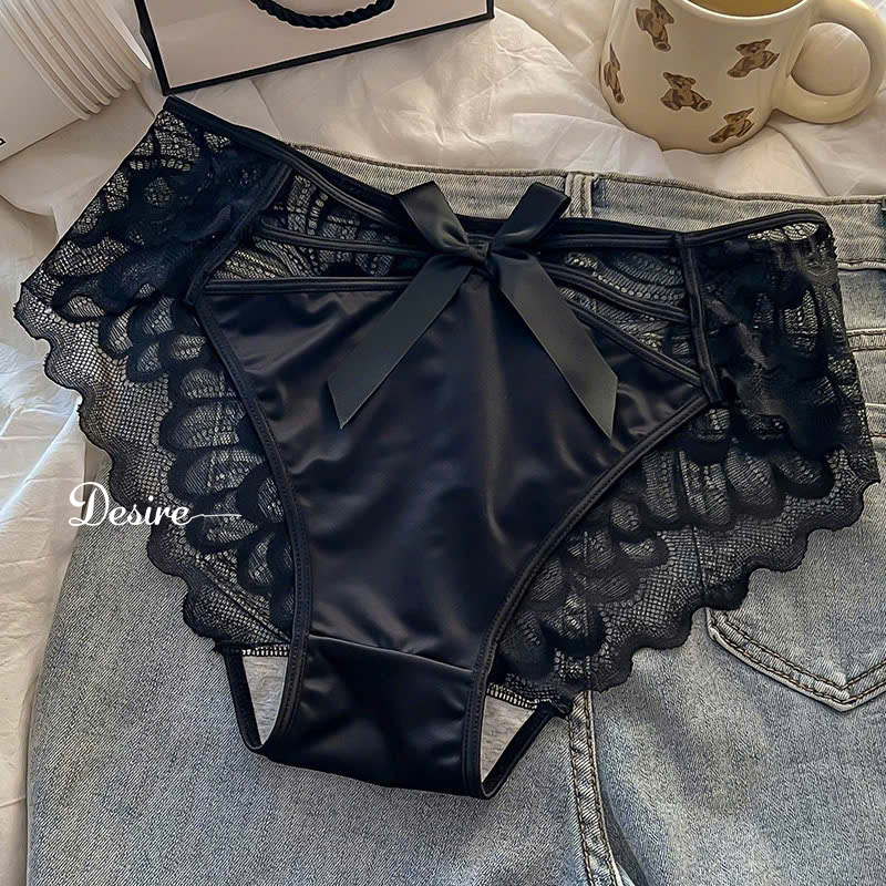 Desire Store, Quần Lót Nữ Lụa Phi Bóng Phối Ren Sườn Cạp Cao Đính Nơ Satin Quyến Rũ - Đen 1 quần image 8 of 9