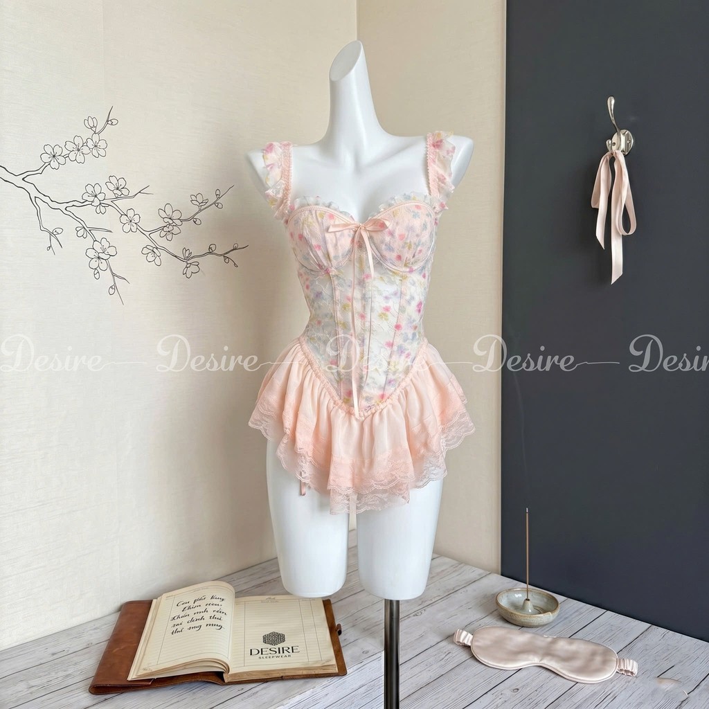 Desire Store, Váy ngủ tiểu thư - Đầm ngủ hoa nhí hai dây corset cúp ngưc kèm chip và đai sexy, gợi cảm DESIRE 1208 image 7 of 14