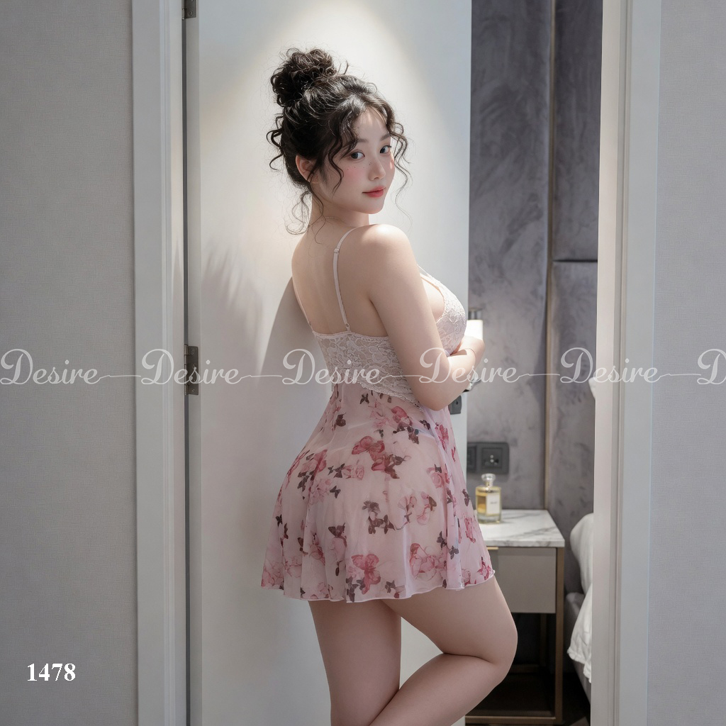 Desire Store, Váy ngủ hai dây lưới phối ren hoạ tiết cánh bướm nữ tính gợi cảm kèm quần lót DESIRE 1478 (Women's romantic mesh and lace camisole nightdress with butterfly motifs, including matching panties DESIRE 1478) image 13 of 16