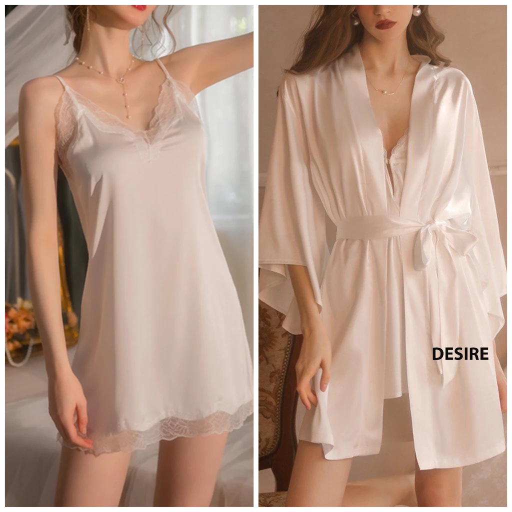Desire Store, Váy ngủ lụa Đầm ngủ hai dây lụa kèm chip phối ren gợi cảm sexy VN-169 - Váy + choàng trắng, M image 16 of 20