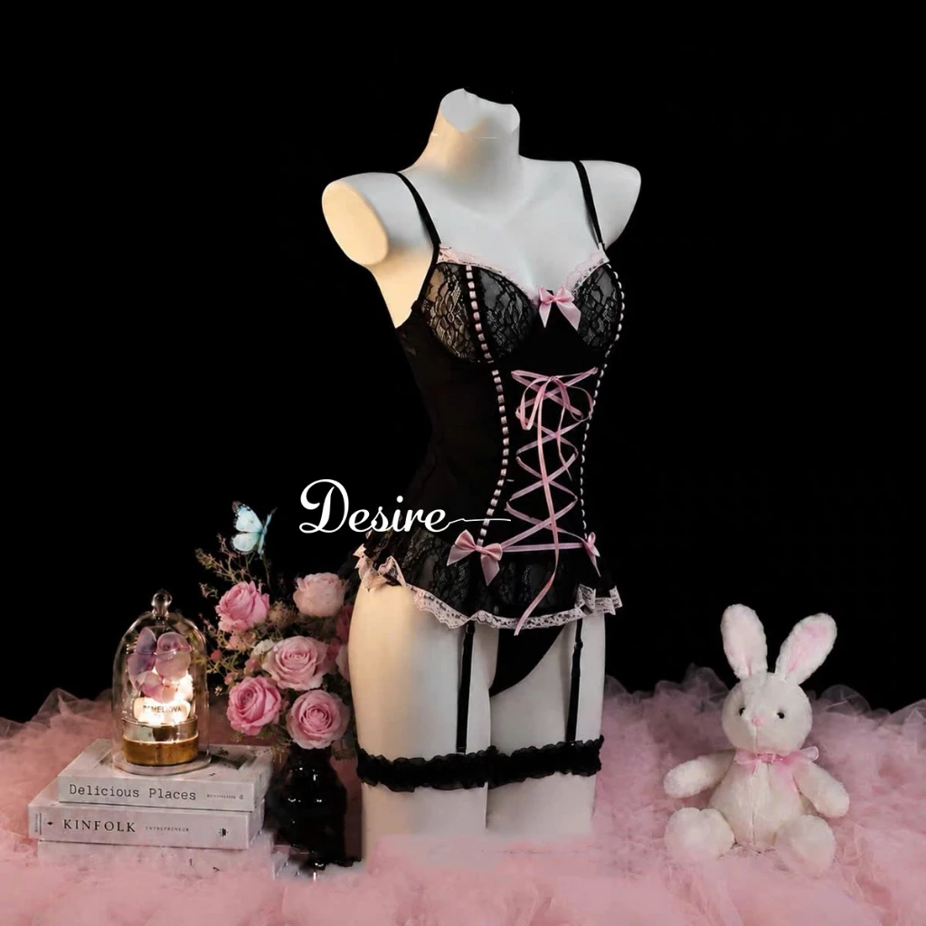 Desire Store, 6467 Bodysuit ren đính nơ có gọng kèm dây đeo tất sexy hàng cao cấp loại 1 DESIRE - Đen không tất image 9 of 12