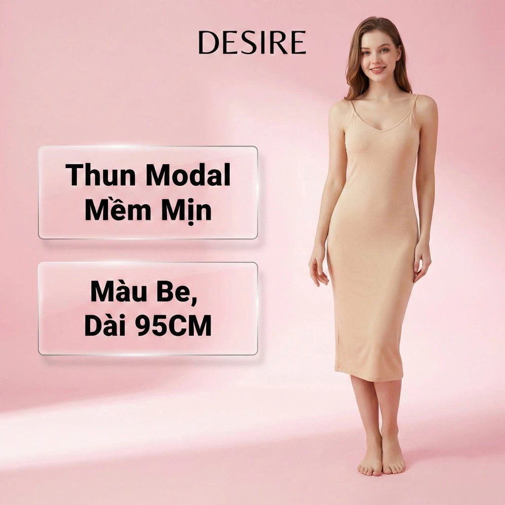 Desire Store, Váy ngủ mặc lót Nữ cổ V chất thun Modal Gỗ sồi cao cấp - Váy hai dây mặc trong mềm mịn dáng ôm DESIRE BTM-1009 - Be trung 95cm, XL (56~62kg) image 15 of 21