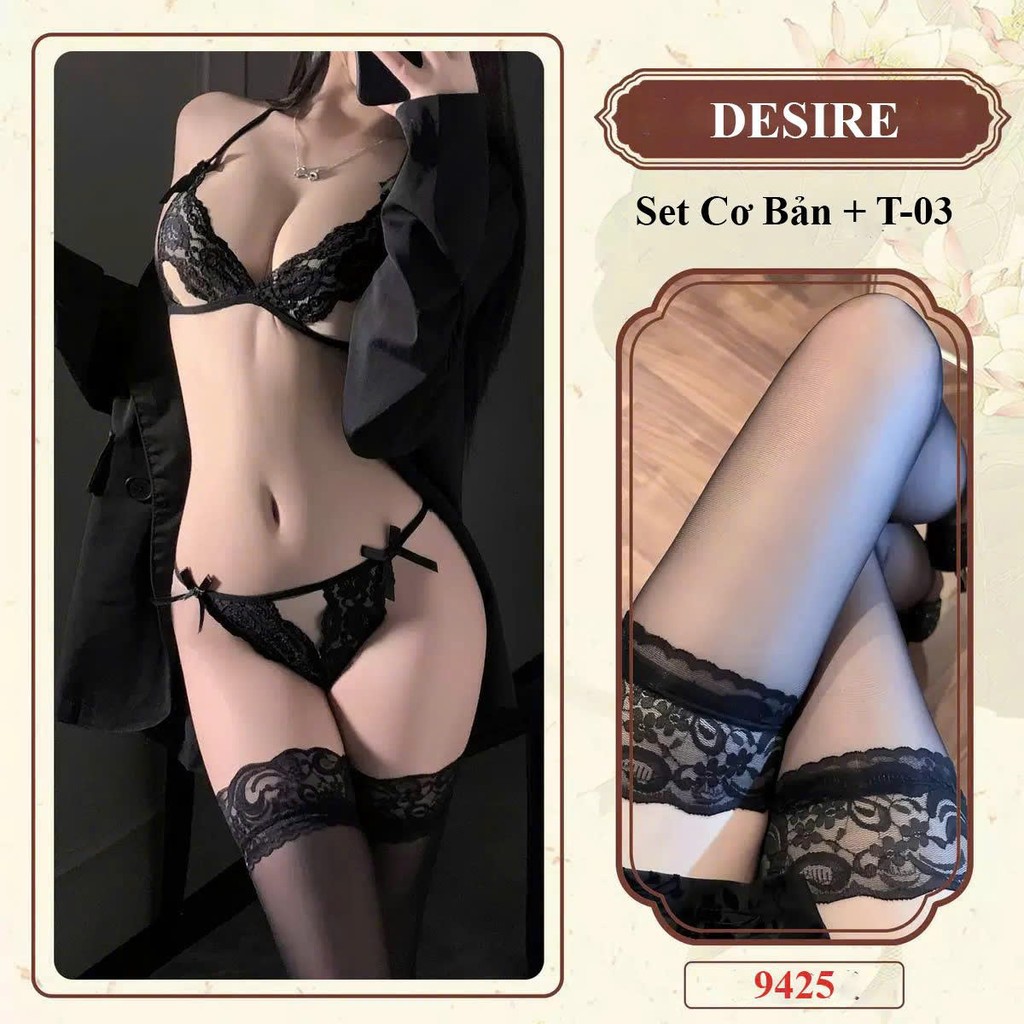 Desire Store, 9425 Bộ đồ lót ren xuyên thấu cột dây quần chip lọt khe sexy quyến rũ DESIRE - Đen + Tất T-03 image 9 of 10