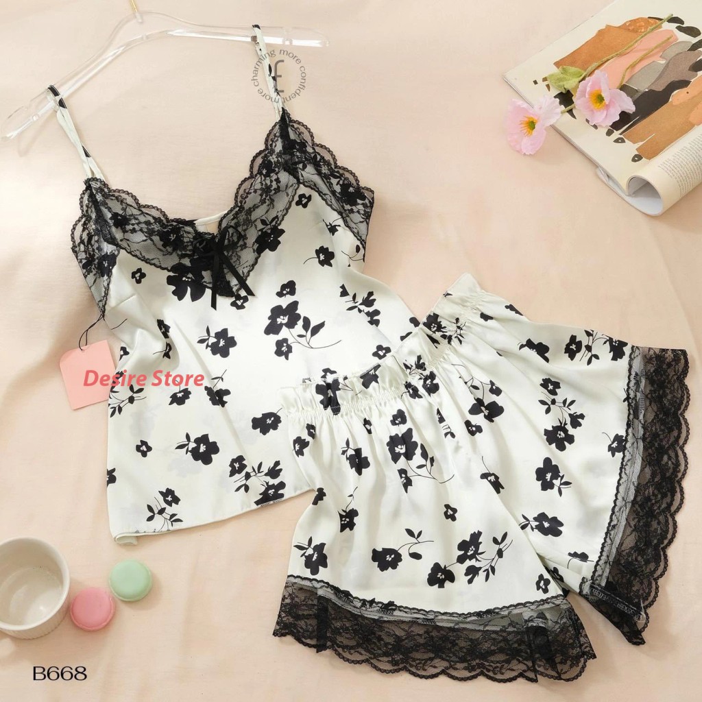 Desire Store, Đồ bộ lụa satin hai dây hoạ tiết hoa mát mịn mùa hè DBN-0026 - Trắng hoa đen, XL 58-65kg image 14 of 16